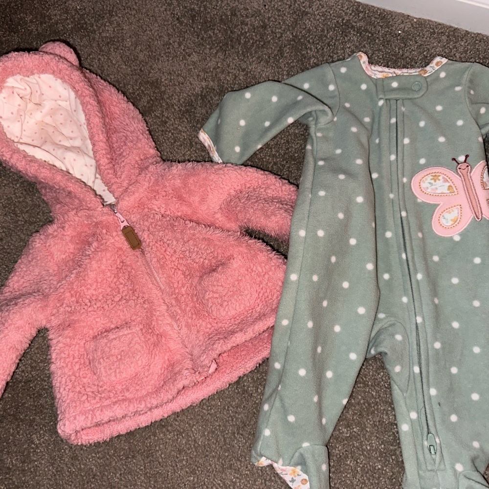 Newborn baby warm coat and fleece sleeper EUC
